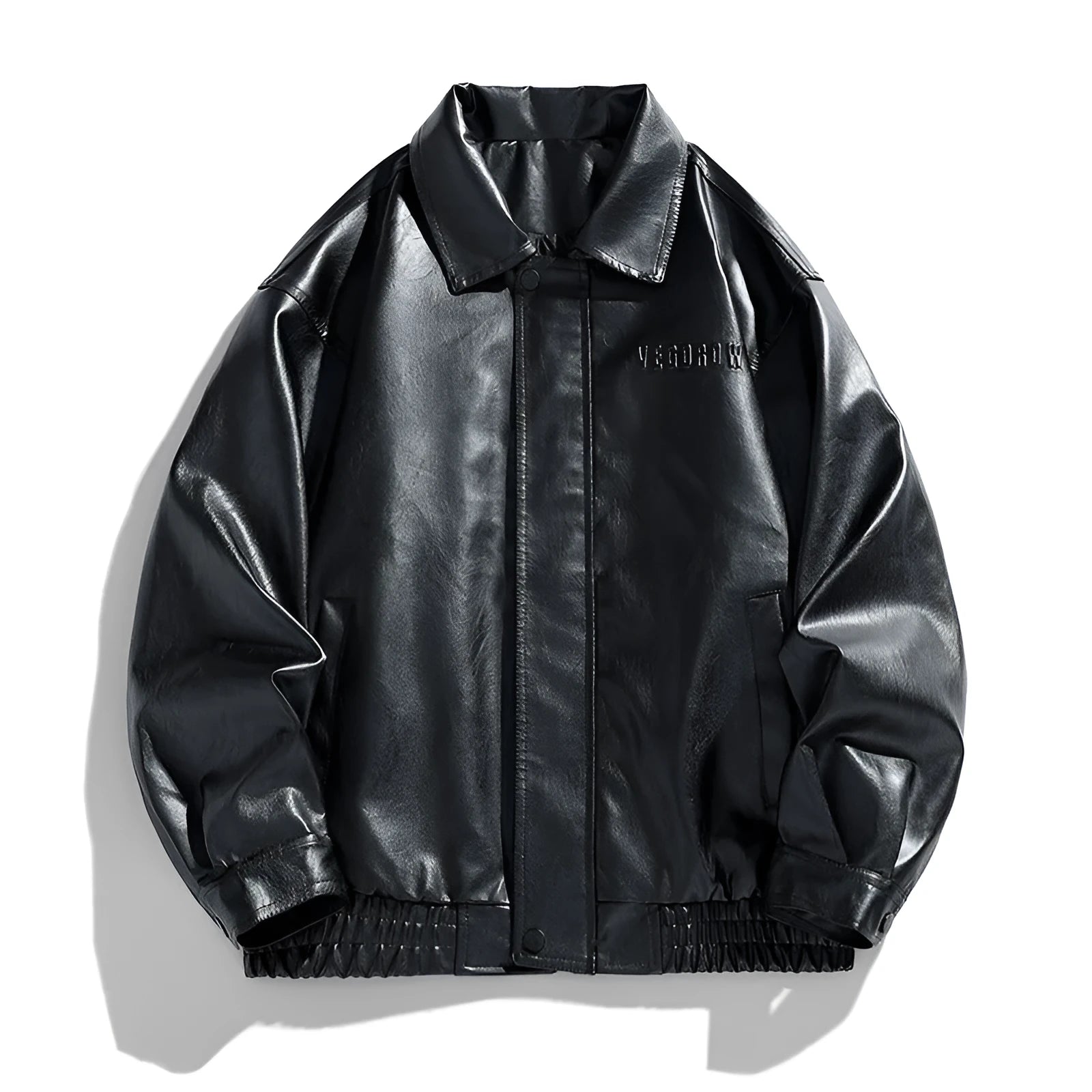 Men's retro motorcycle PU leather jacket with loose lapel, slim fit, in black colour with corduroy details