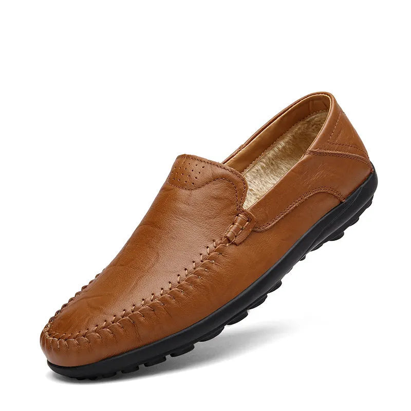 Pair of cowhide men's business casual leather shoes with round toe and rubber sole