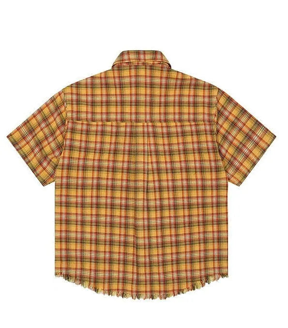 Yellow grid plaid short sleeve shirt with embroidered pocket detail in loose fit