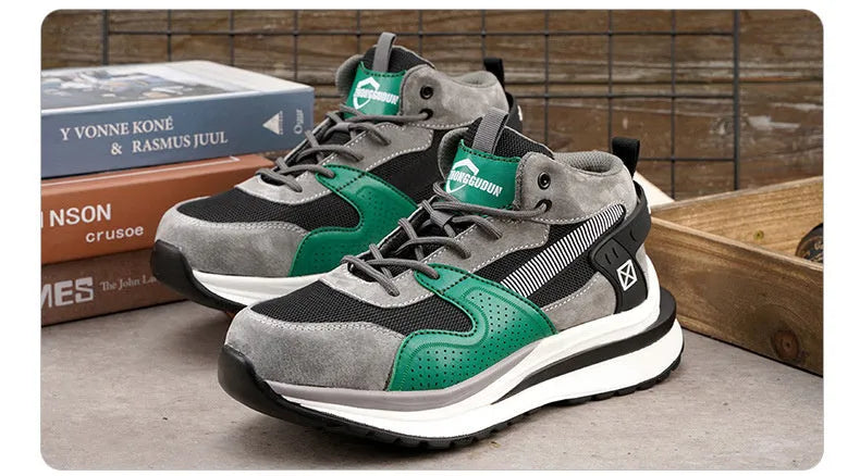 Anti-smashing steel toe labour protection shoes, flat knitted upper, rubber sole, low top, available in black brown grey