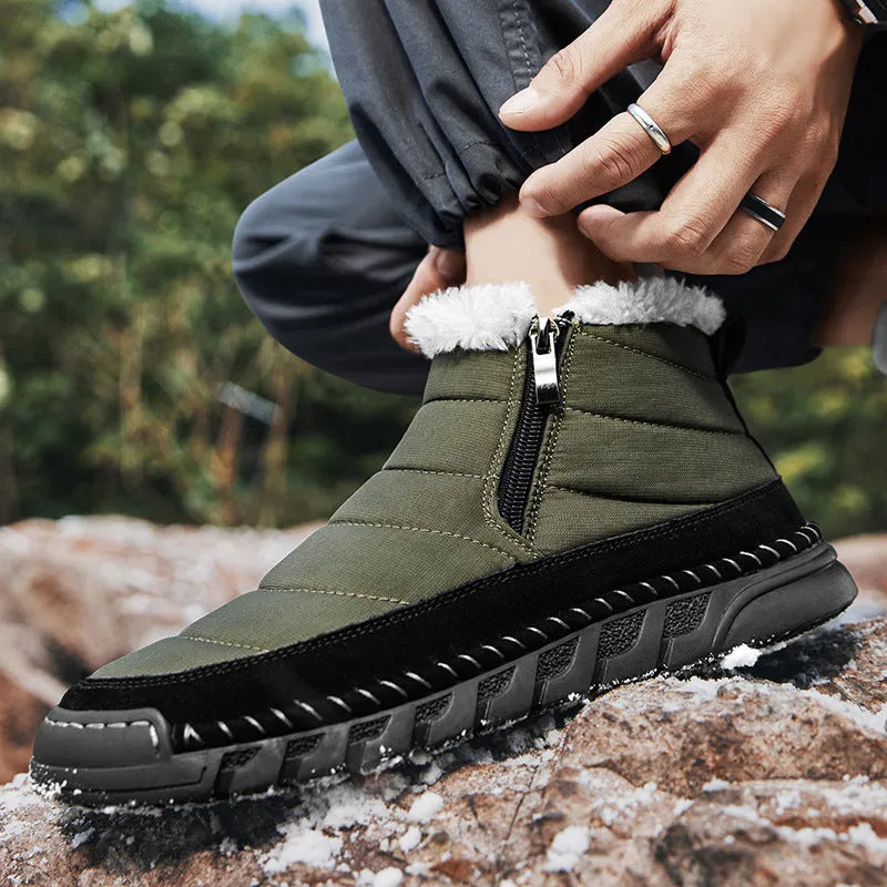 Men's plus size snow boots in black with round toe, cotton cloth upper, and non-slip rubber sole