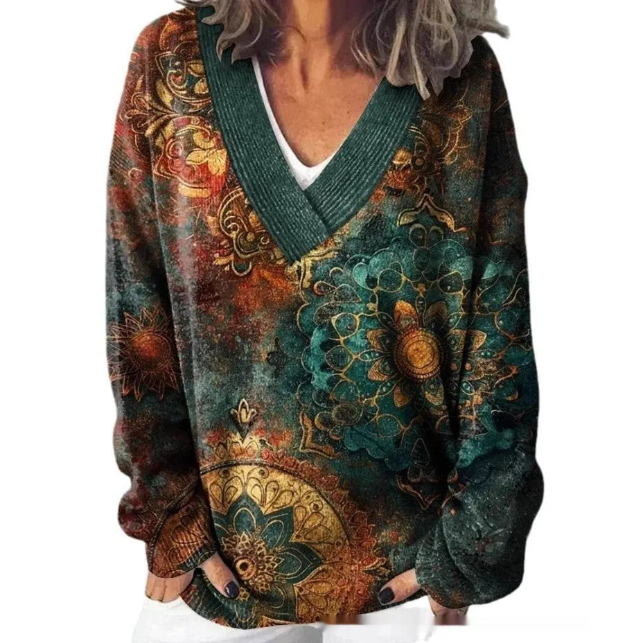 Women's floral print V-neck long sleeve sweatshirt with 3D pattern effect