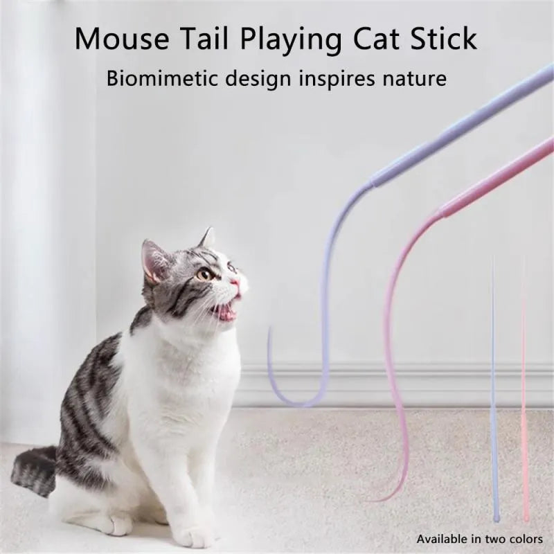 Blue silicone mouse tail cat toy with ABS handle showing 80cm length and replaceable core system