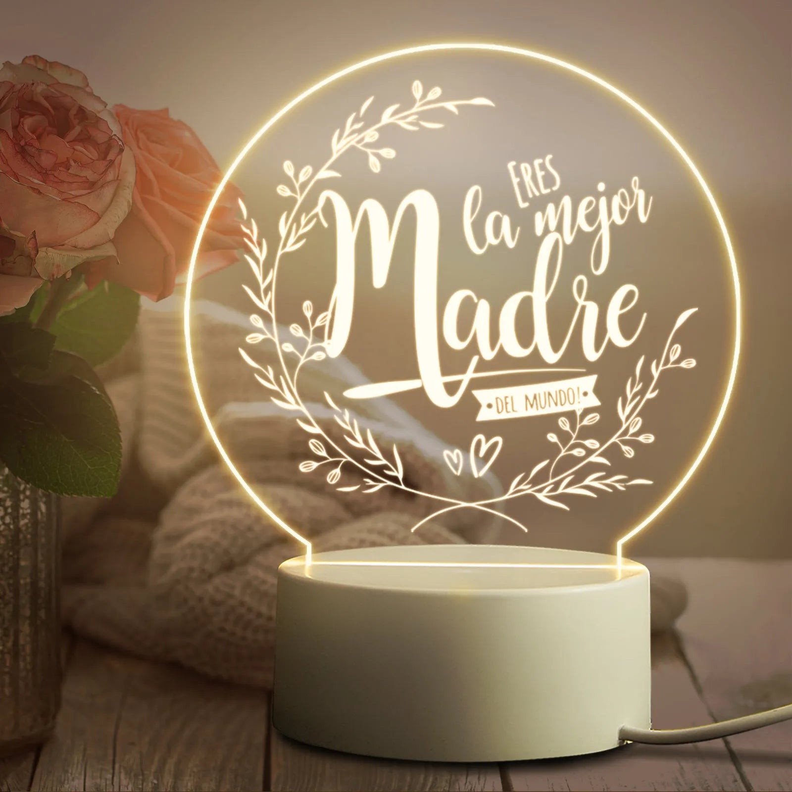 Acrylic LED night light with warm light on white base, USB powered, modern minimalist bedside decoration