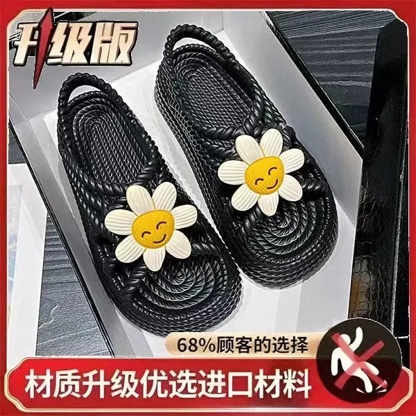 PVC non-slip sandals with flower pattern in beige, round head, lightweight design for women