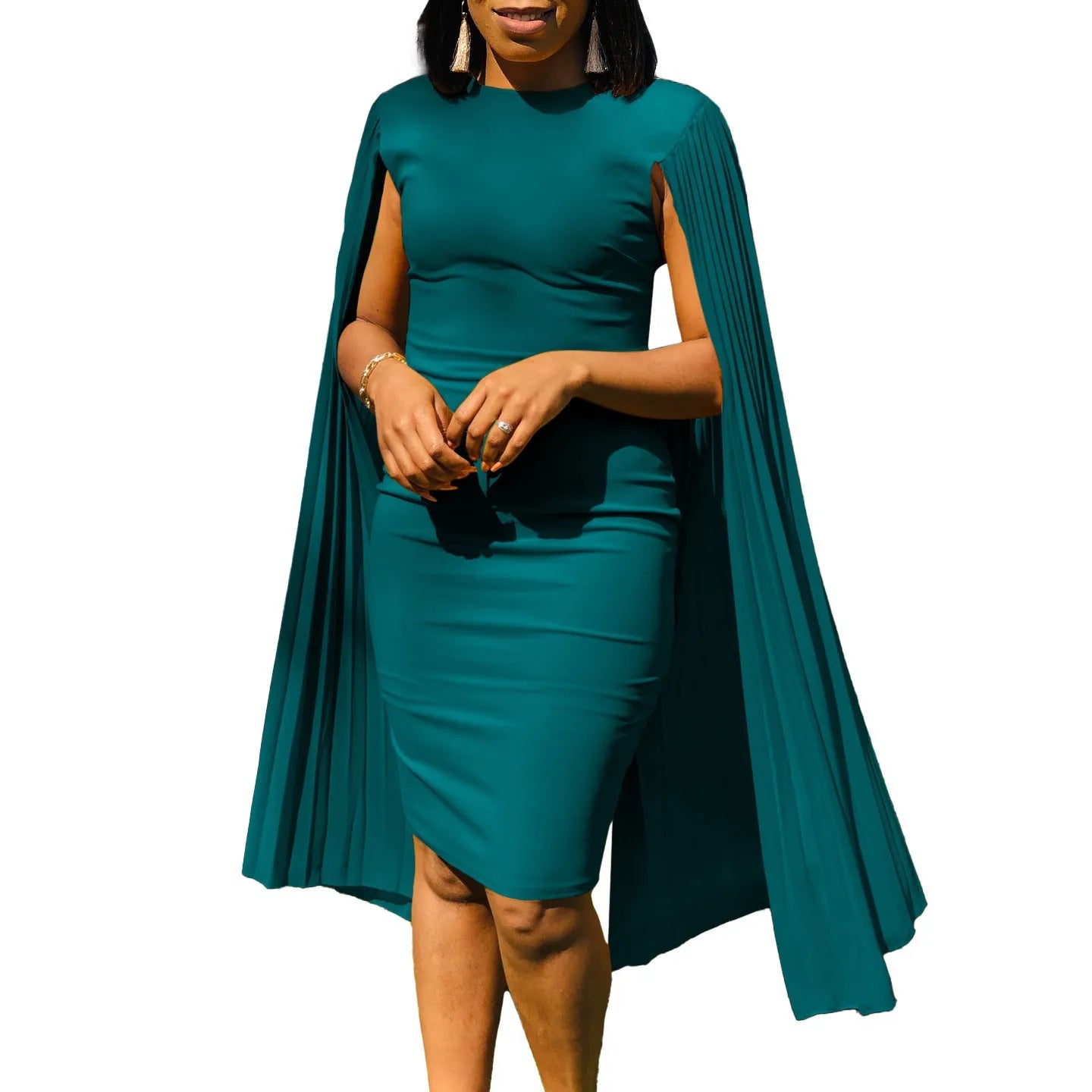 Long sleeve evening gown with pleated shawl collar and high waist design