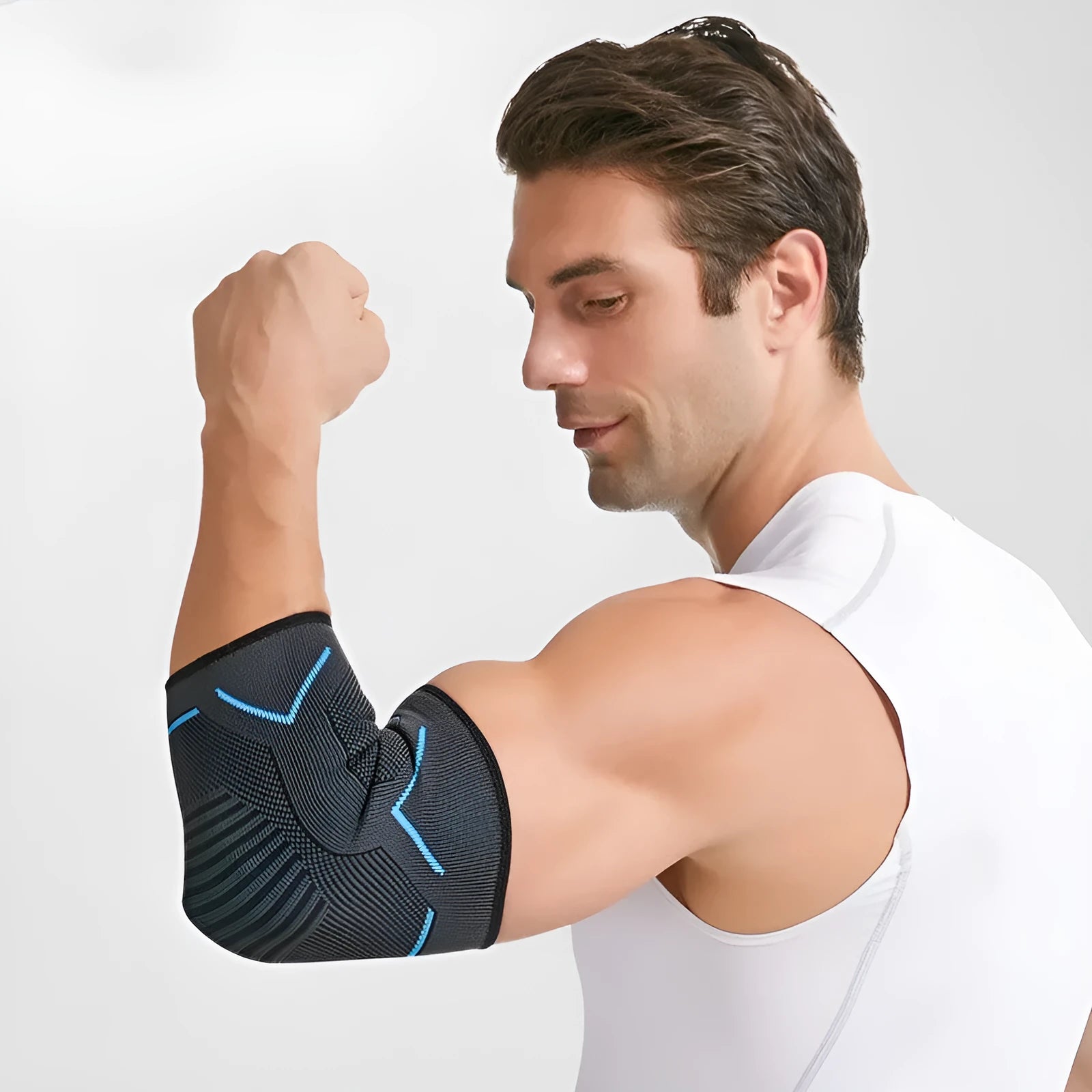 Multi-sport elbow pads in black stripes on gray background for fitness, running, cycling, basketball, and badminton