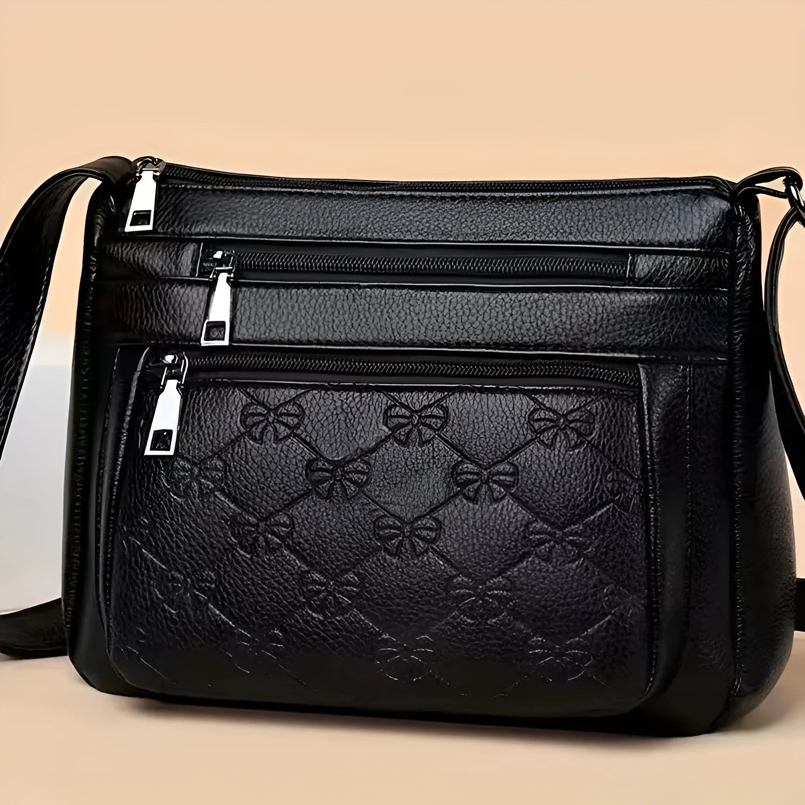 Women's butterfly black PU leather messenger bag with adjustable strap and phone pocket