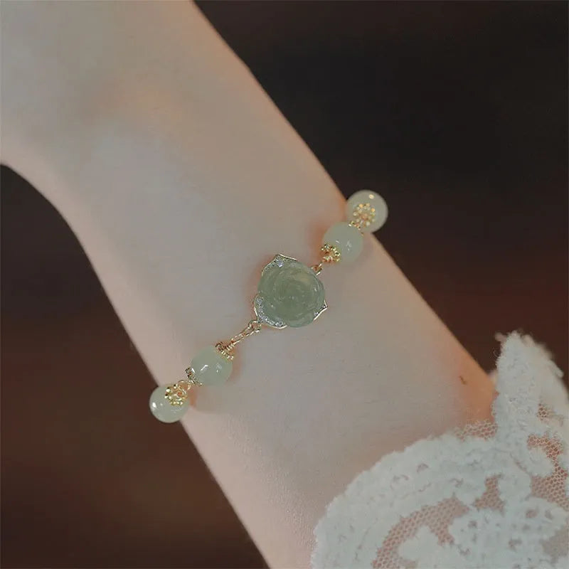 Handcrafted Hetian jade rose 14K gilded women's bracelet in flower shape with literature style