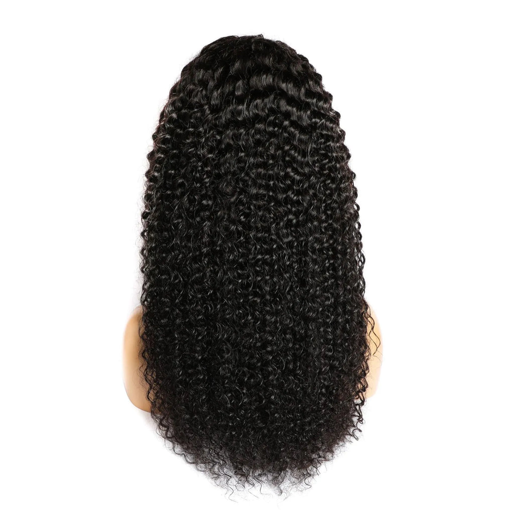 Curly real human hair wig with lace frontal shown in long length