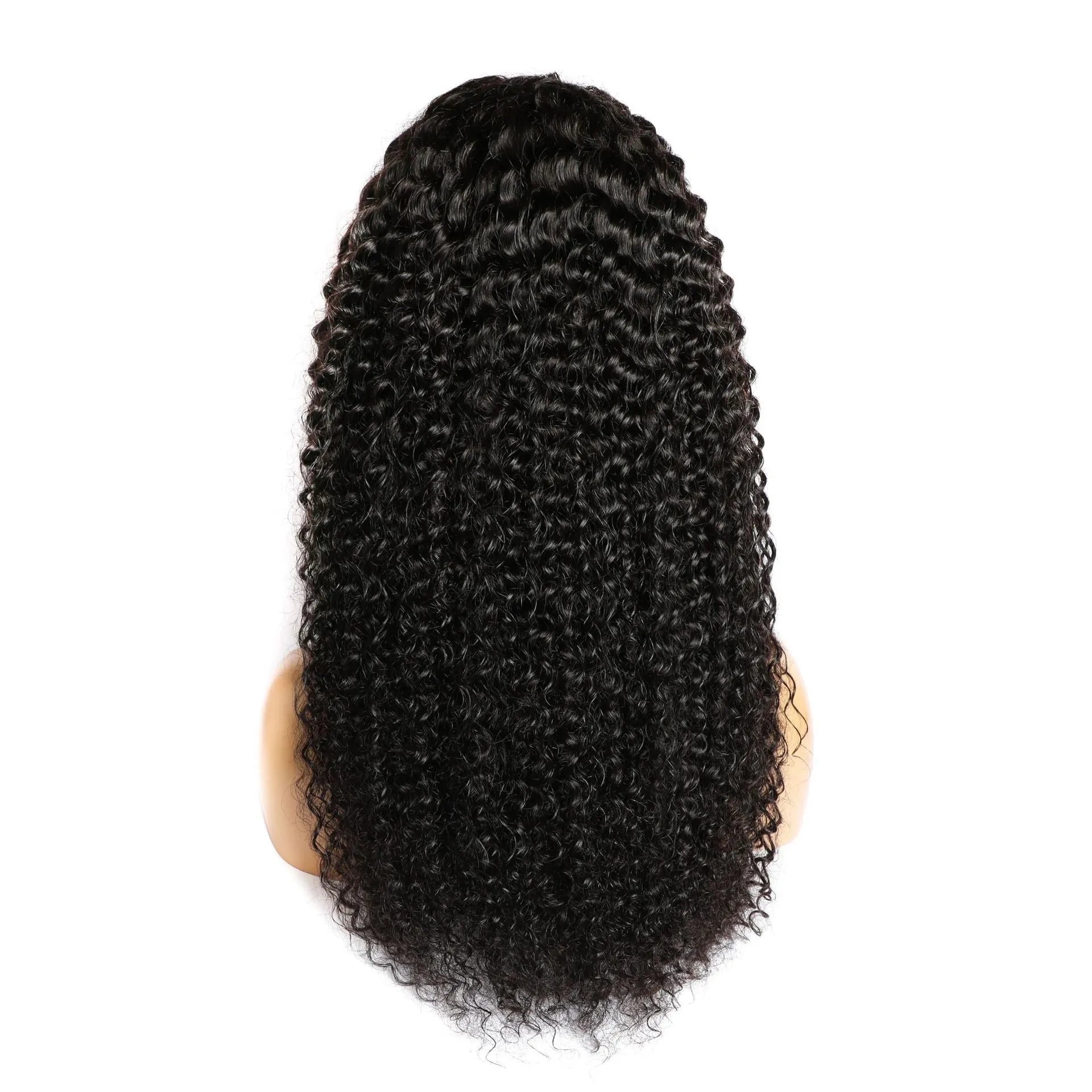 Curly real human hair wig with lace frontal shown in long length