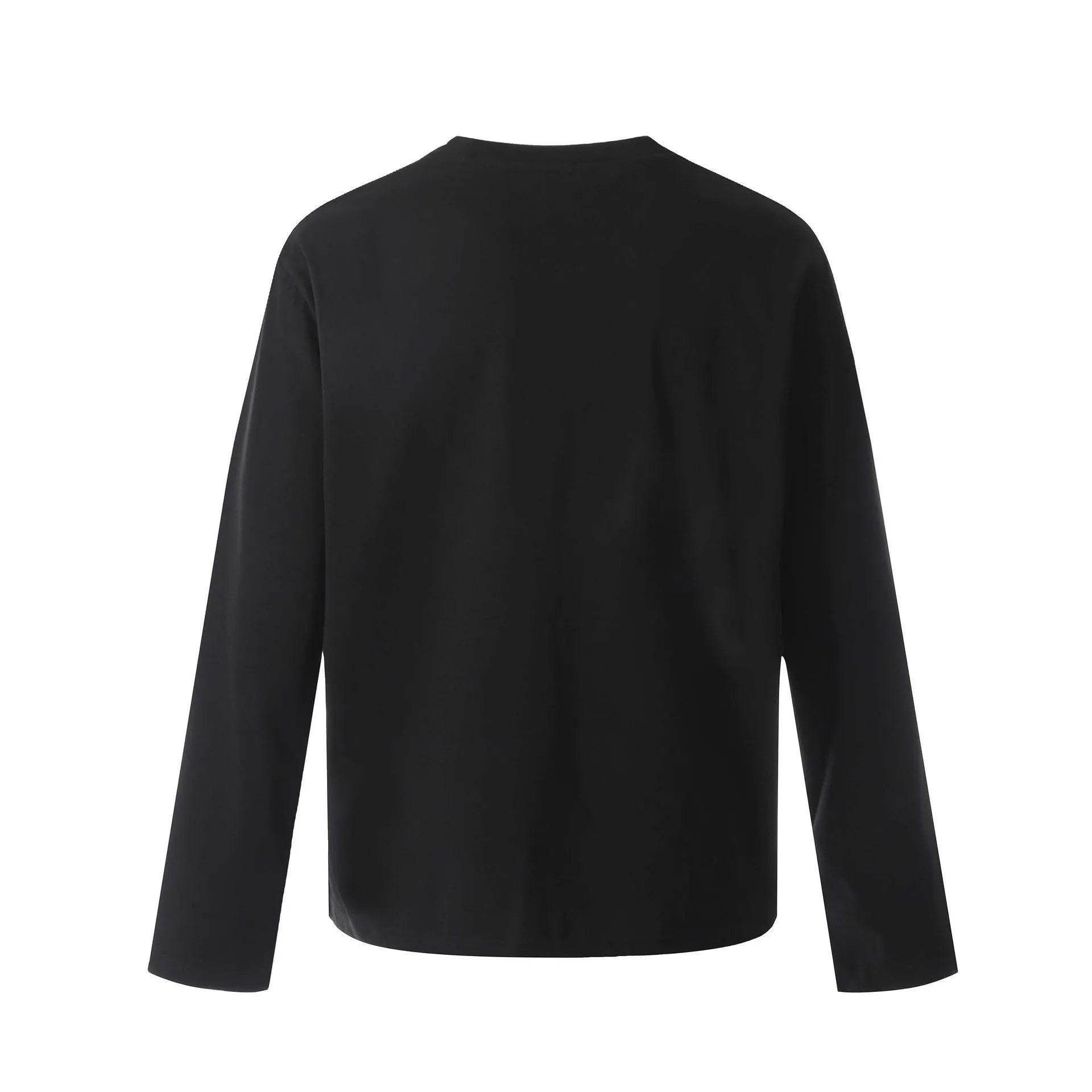 A loose-fitting long sleeve cotton pullover in grey, shown on a model for casual wear.
