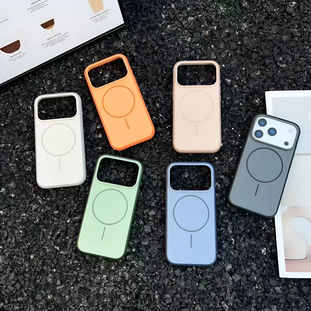 Frosted blue magnetic protective case for iPhone 16 and iPhone 17 models on a table.