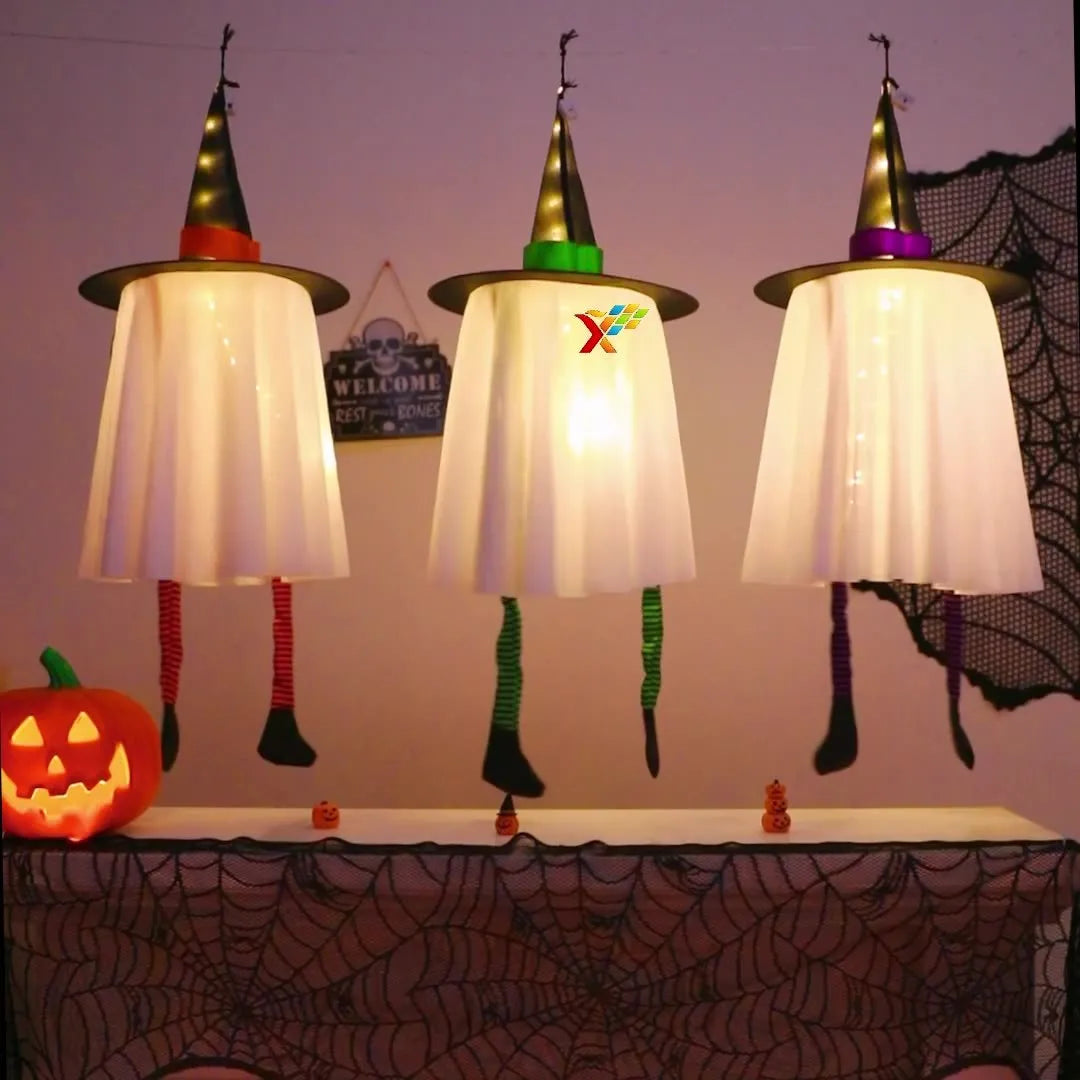 White Halloween wizard hat and ghost LED light string pendant hung indoors