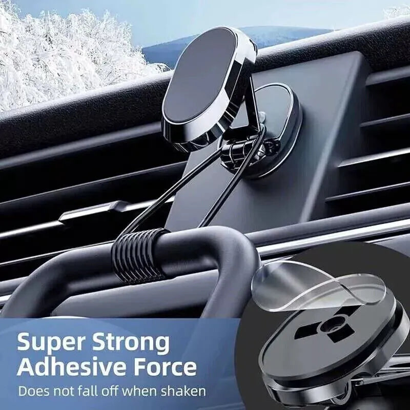 Chrome magnetic car phone holder with 360-degree rotation on dashboard