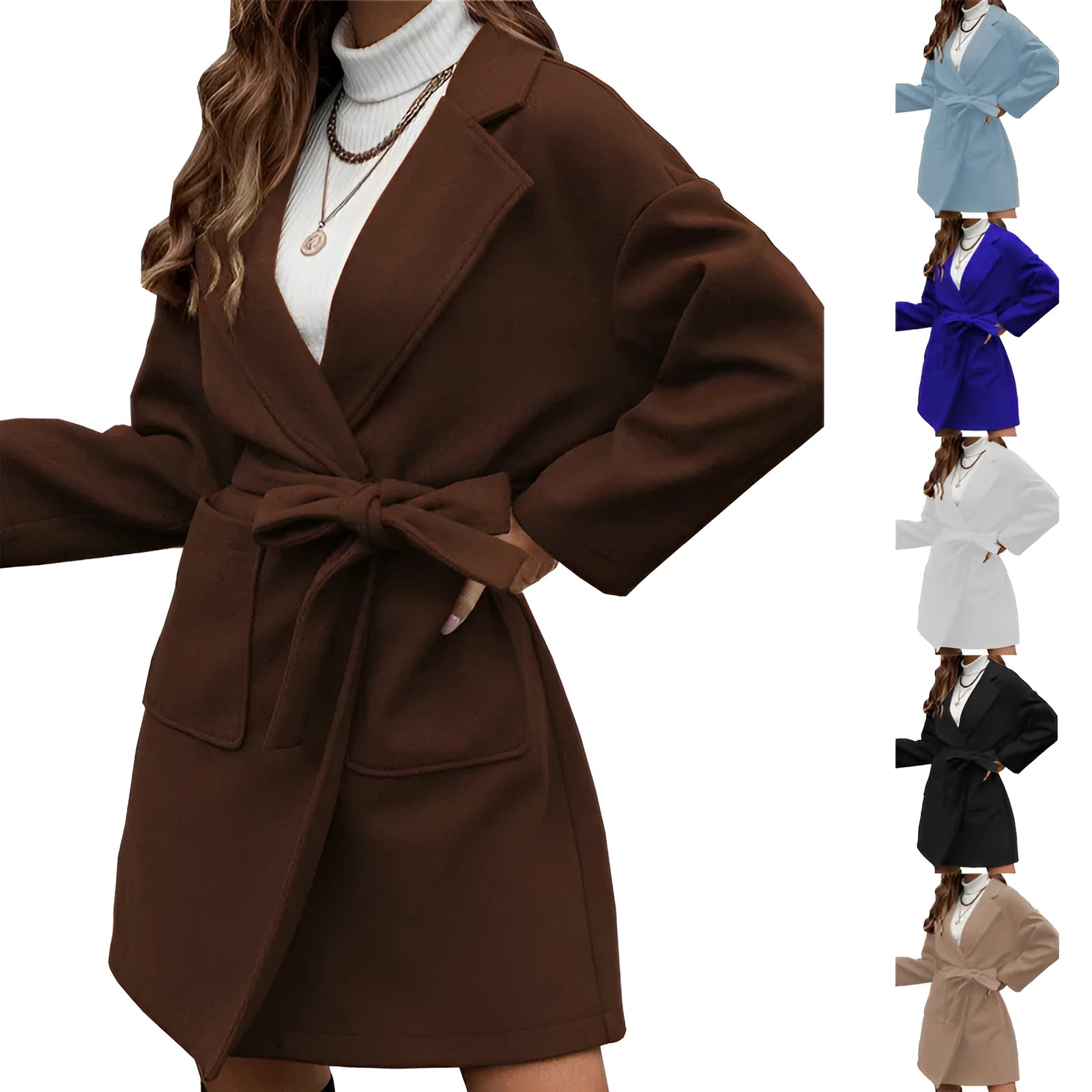 Minimalist long sleeve belted coat in thick fabric shown in a choice of colours.
