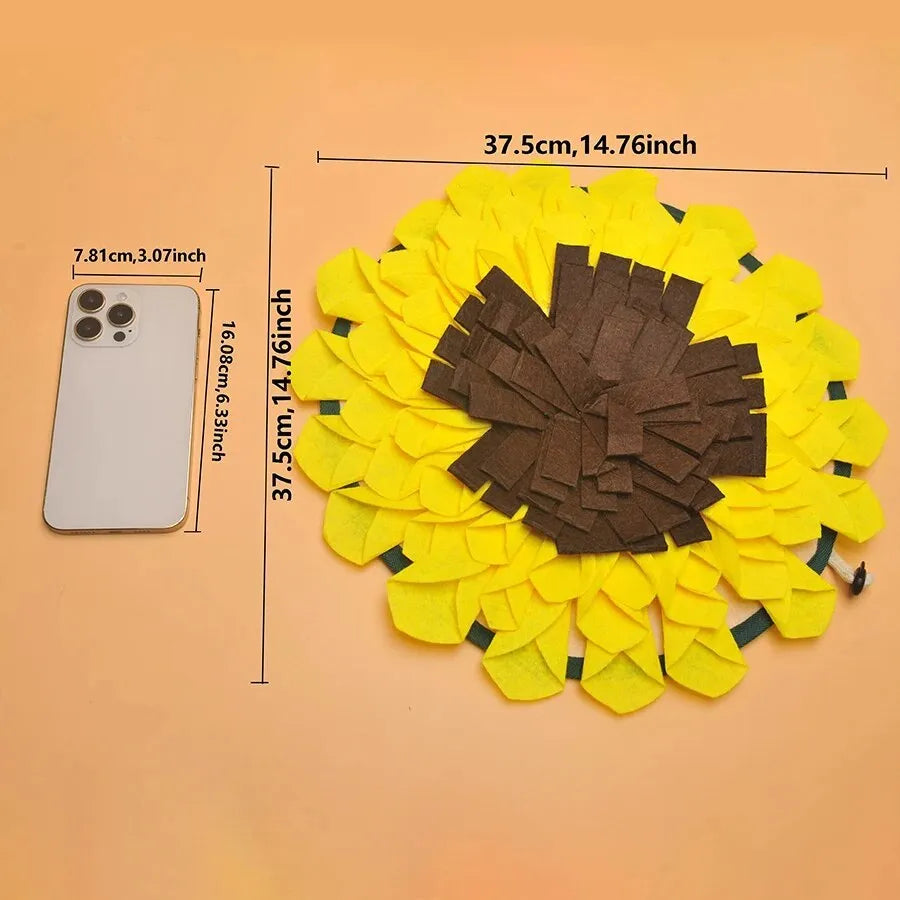 Yellow sunflower-shaped snuffle mat with layered fleece and felt strips for hiding dog treats