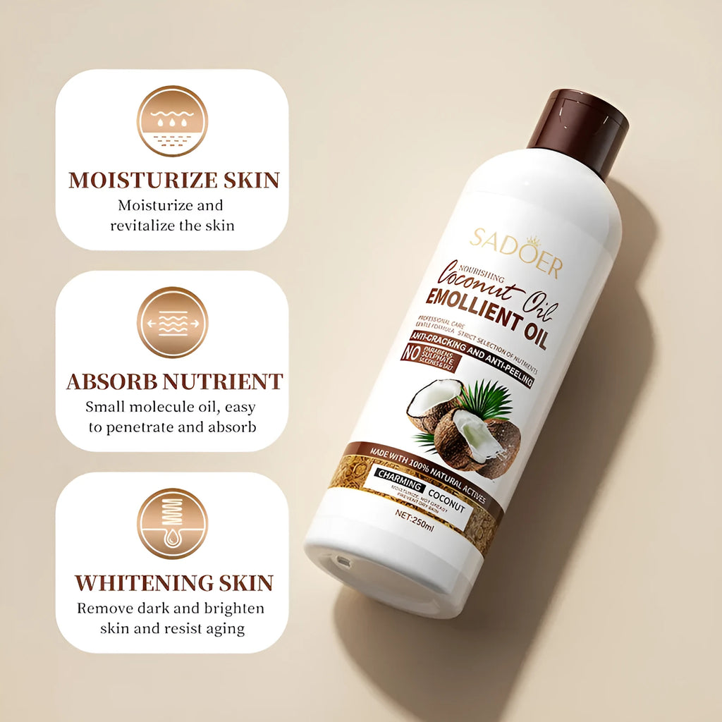 Coconut oil moisturising skin care set with 250ml emollient oil, 500ml shampoo, and 500g hair mask