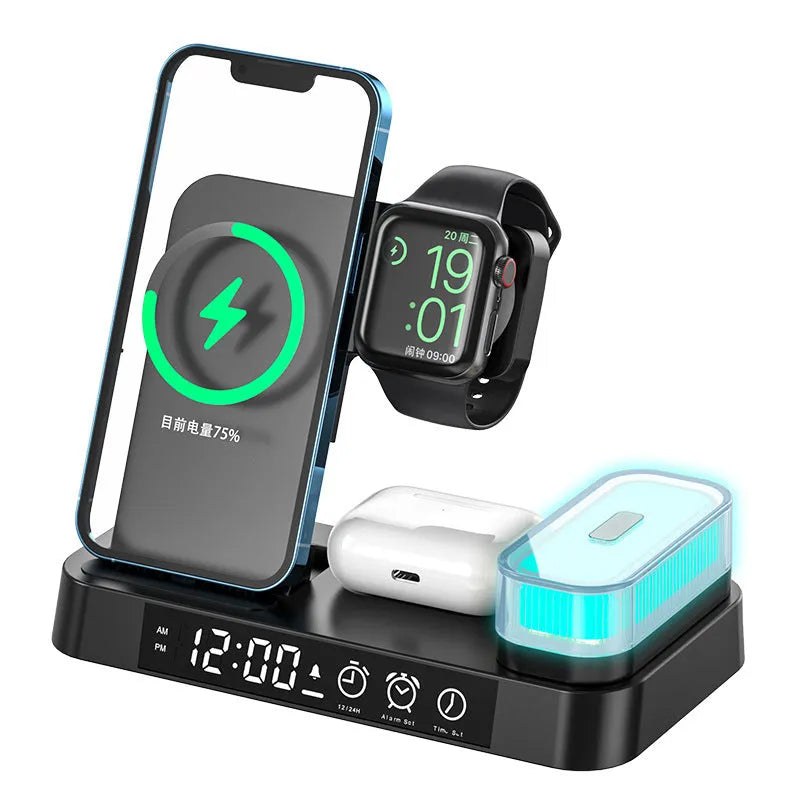 White 4 in 1 multifunction wireless charger station with foldable stand, alarm clock display, and RGB night light
