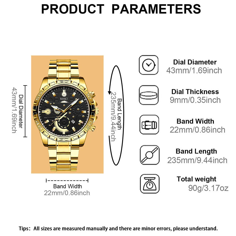 Men's gold stainless steel business quartz watch with calendar function on steel strap