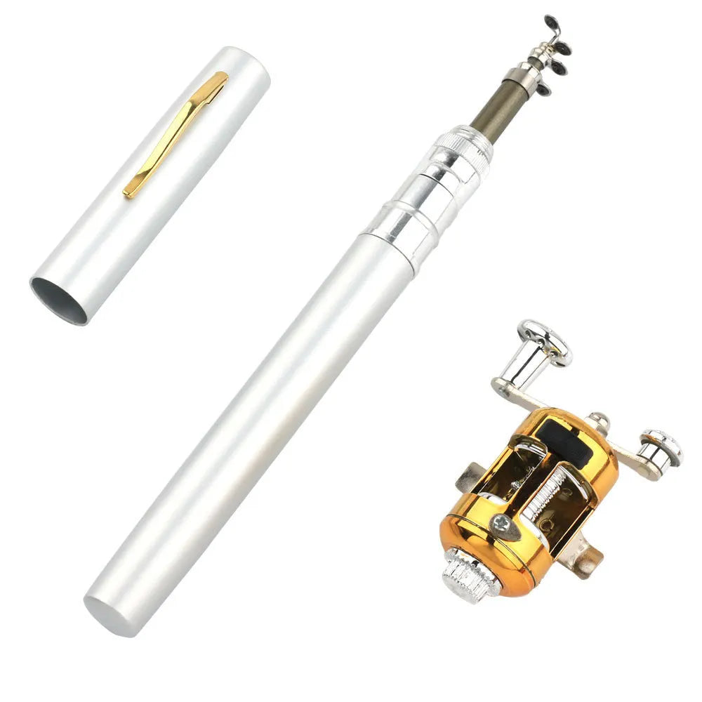 Gold telescopic pen fishing rod kit extended to 1m with plastic reel, collapsed into aluminium case.