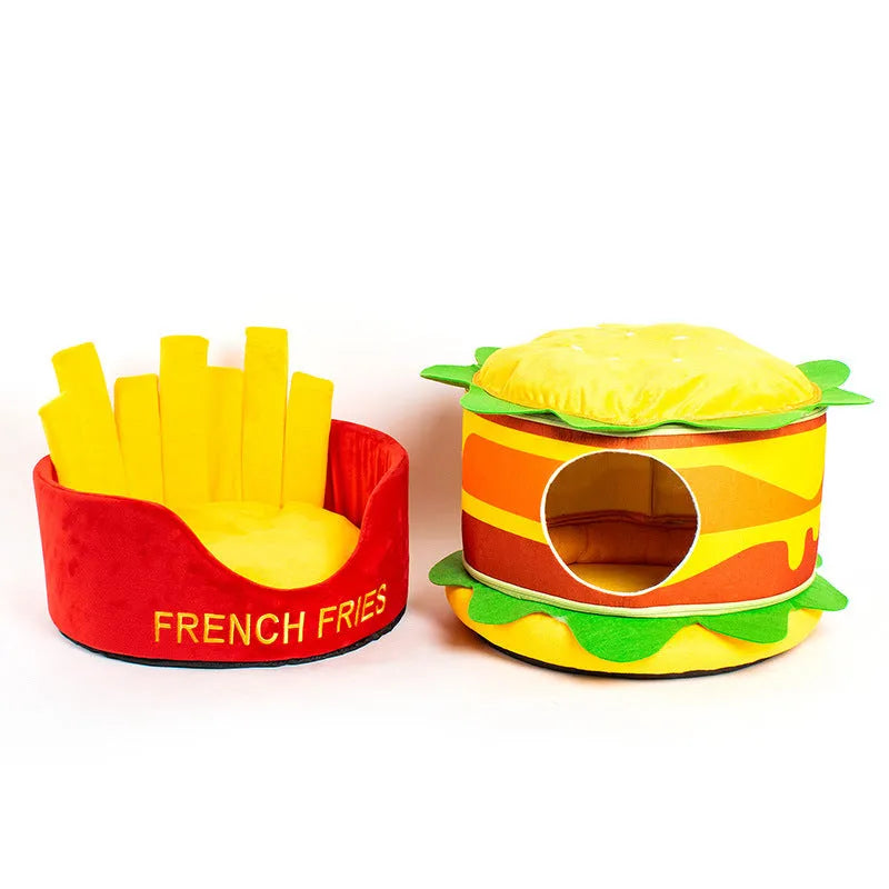 Crystal super soft velvet cat bed in French fries design with reversible cushion, 44x8.5x44cm