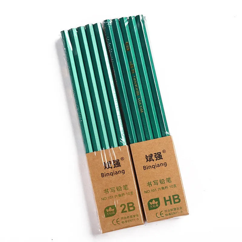 Box of 10 green rod sketching pencils with HB and 2B grades showing six-angle wooden barrels.