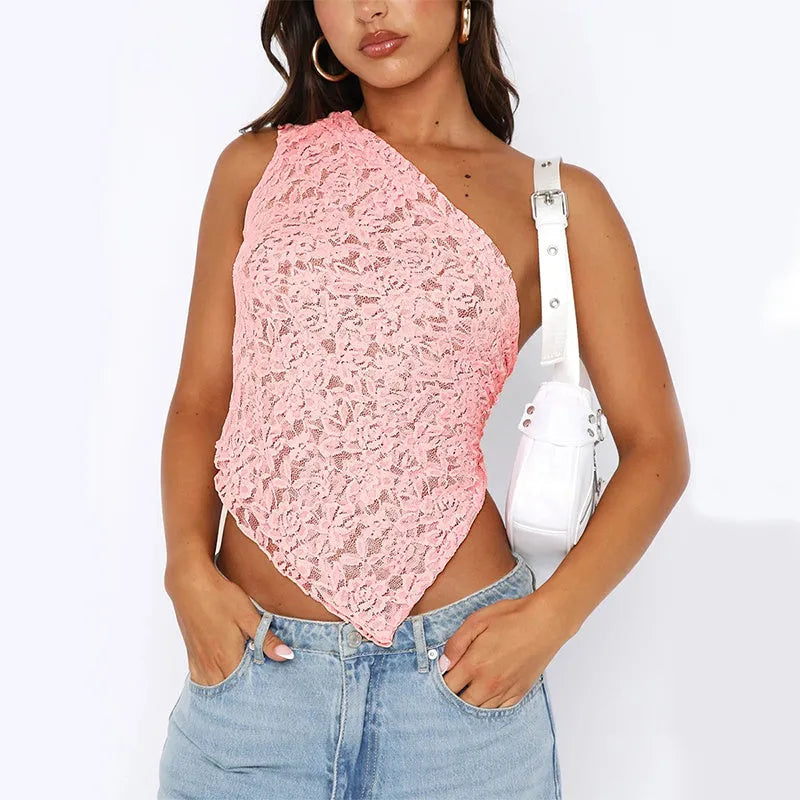 Women's sleeveless lace backless vest top with asymmetrical neckline in a solid colour.