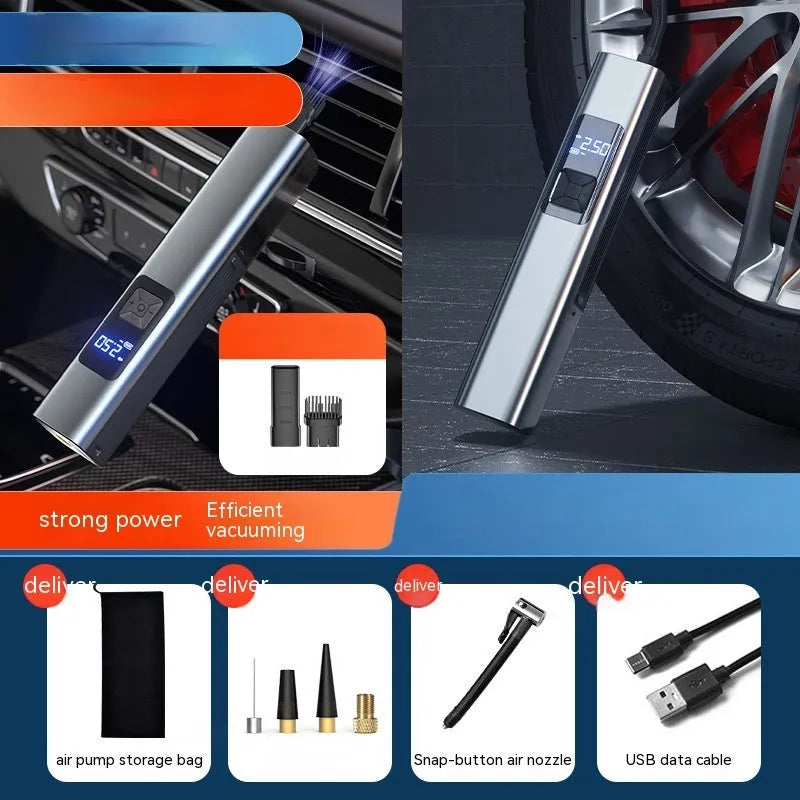 Wireless digital display car air pump and vacuum cleaner with four functions including tyre inflation and cleaning
