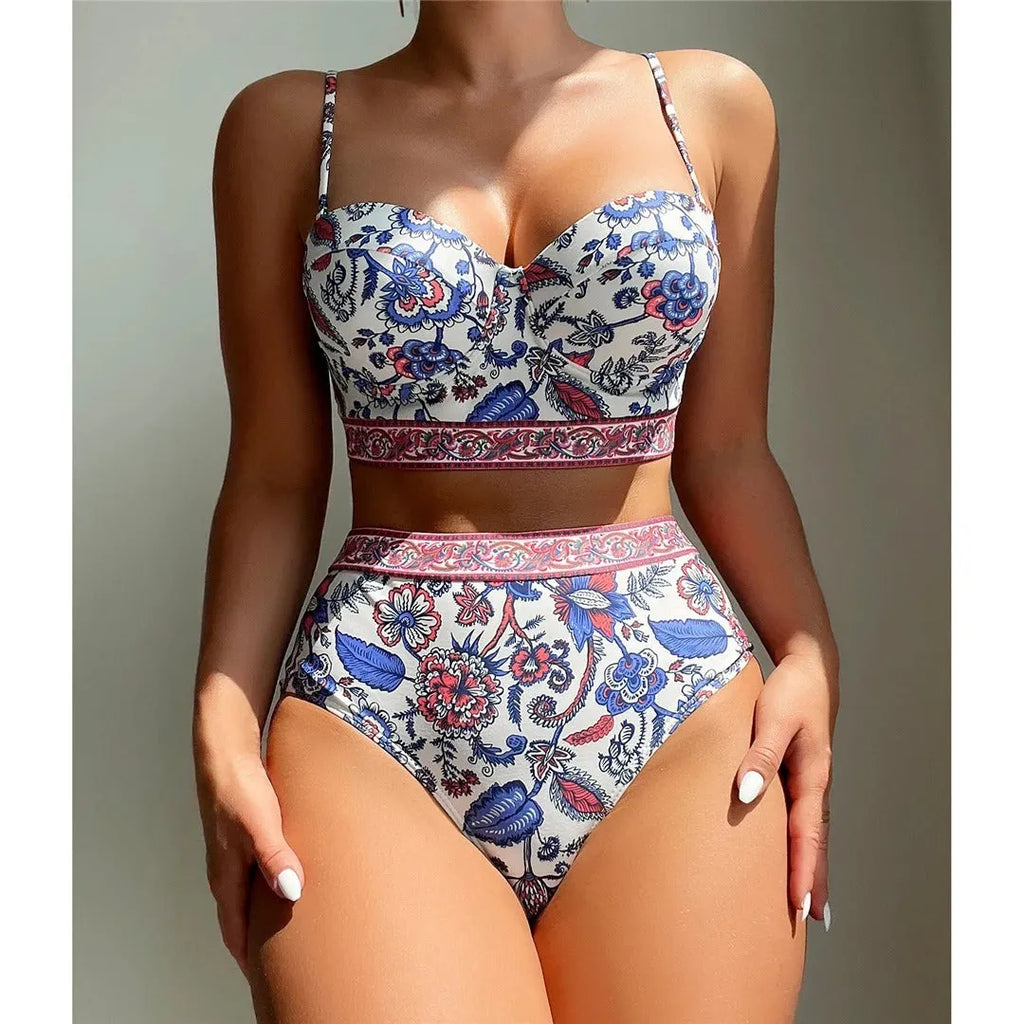 Blue women's high waist push-up polyester bikini swimsuit for swimming and wading