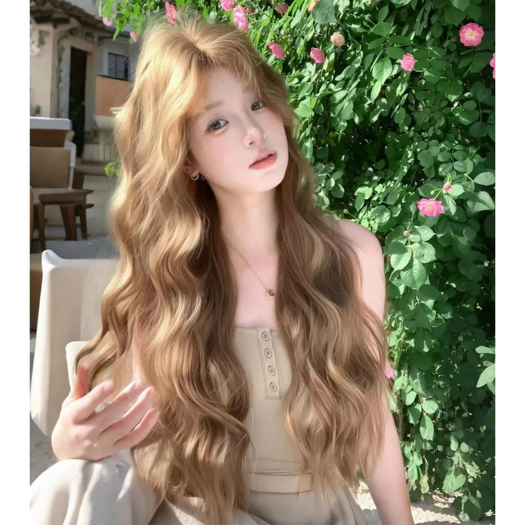 Linen brown medium long curly high temperature fibre wig with hair net on display