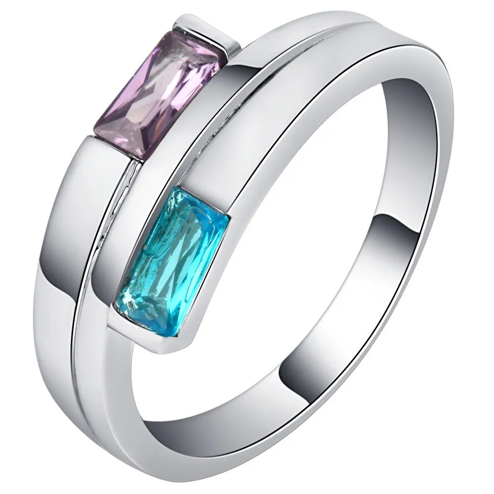 Copper ring with zircon inlay and electroplated silver finish in European-American geometric style.