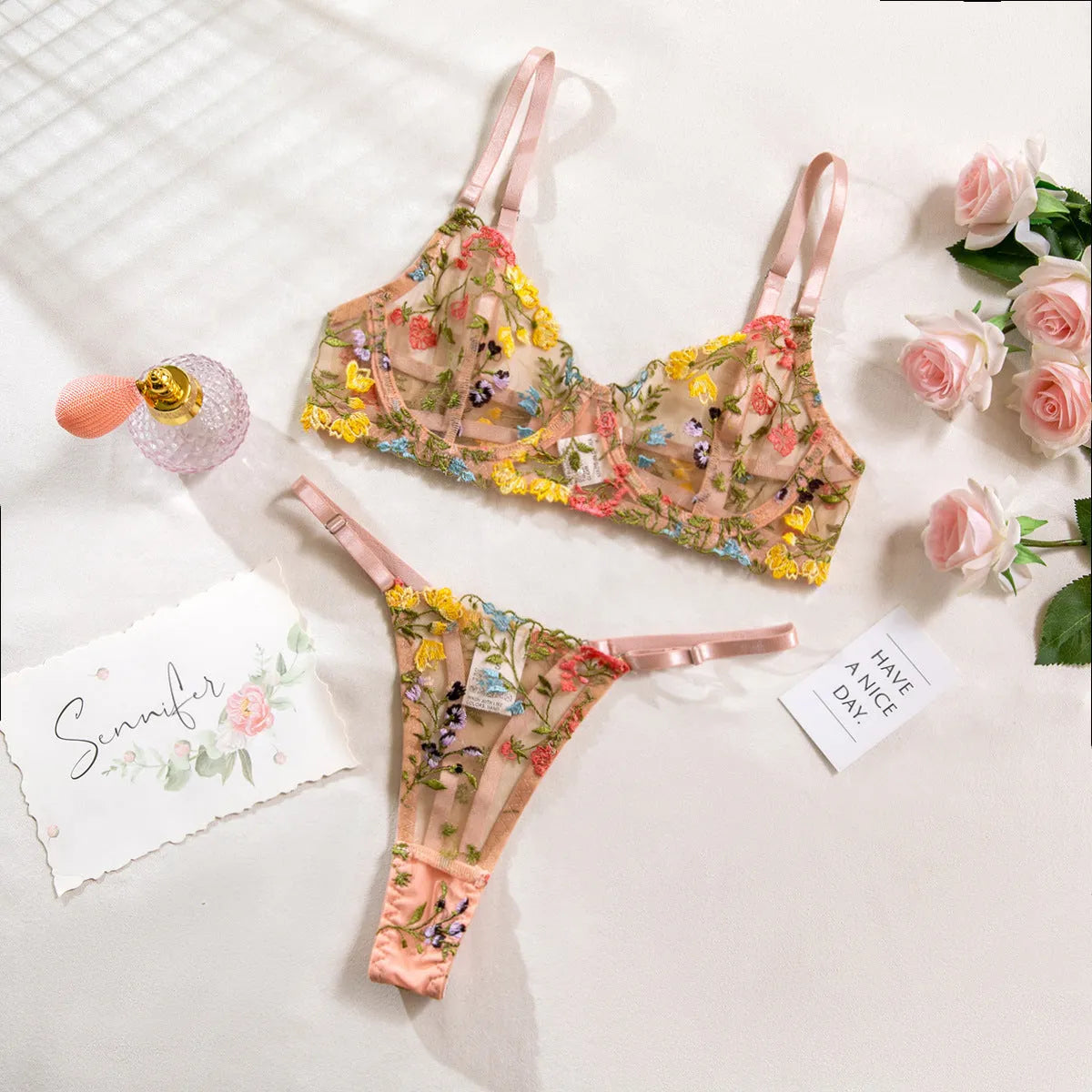 Women's floral underwear bikini set in pure desire style with polyester construction
