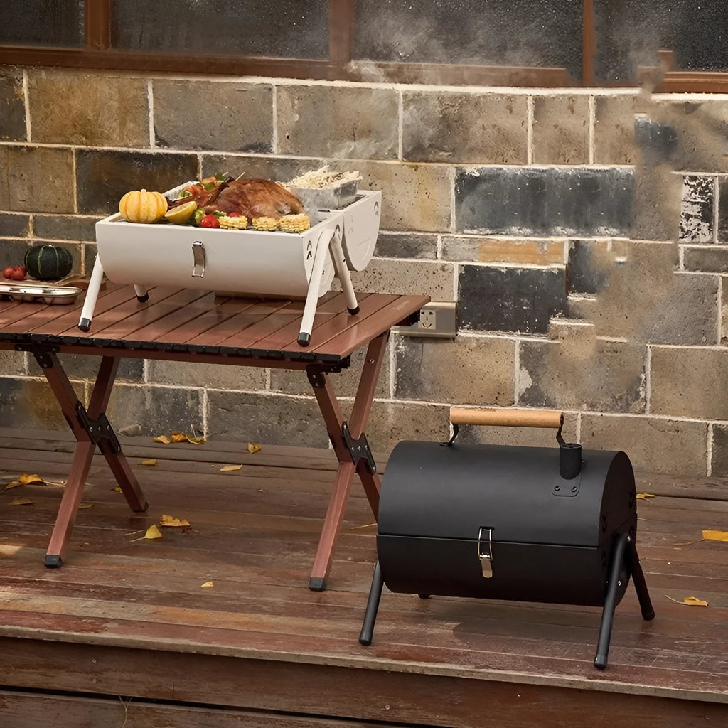 White round portable folding grill with chimney oven baking net and carbon tank for outdoor frying and baking
