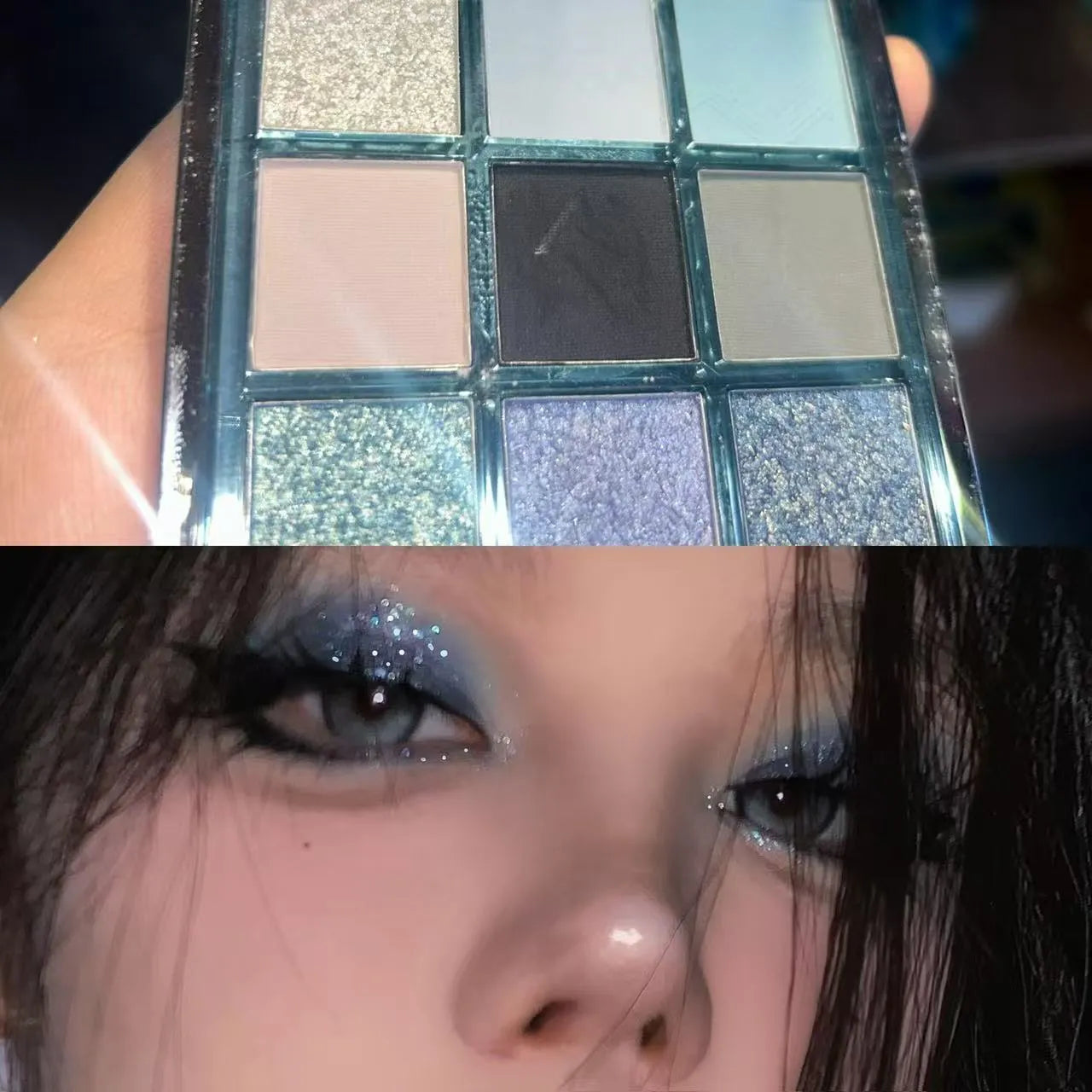 MUGELEEN nine-colour eye shadow palette showing earth tones with blue smoked variations