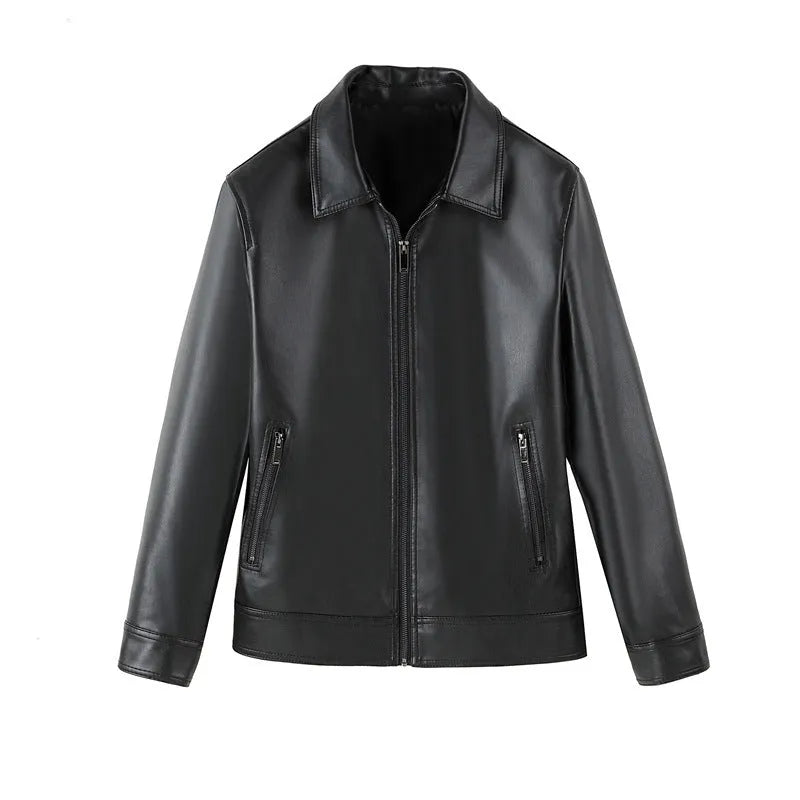 Men's black PU leather casual jacket with zip pockets and a loose fit on a hanger.