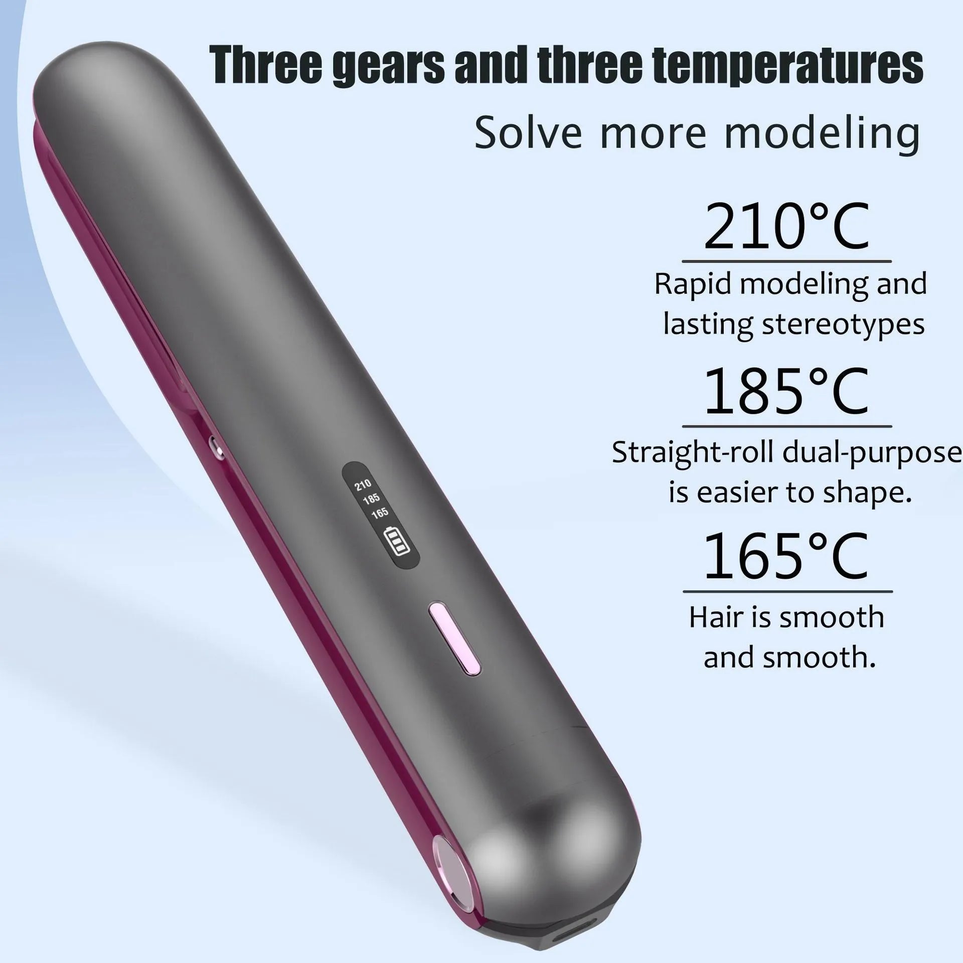 Moon shadow grey wireless hair straightener with tourmaline ceramic plates and temperature display