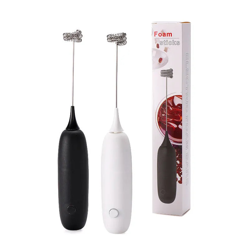 Black and white handheld electric milk frother blender for coffee beverages