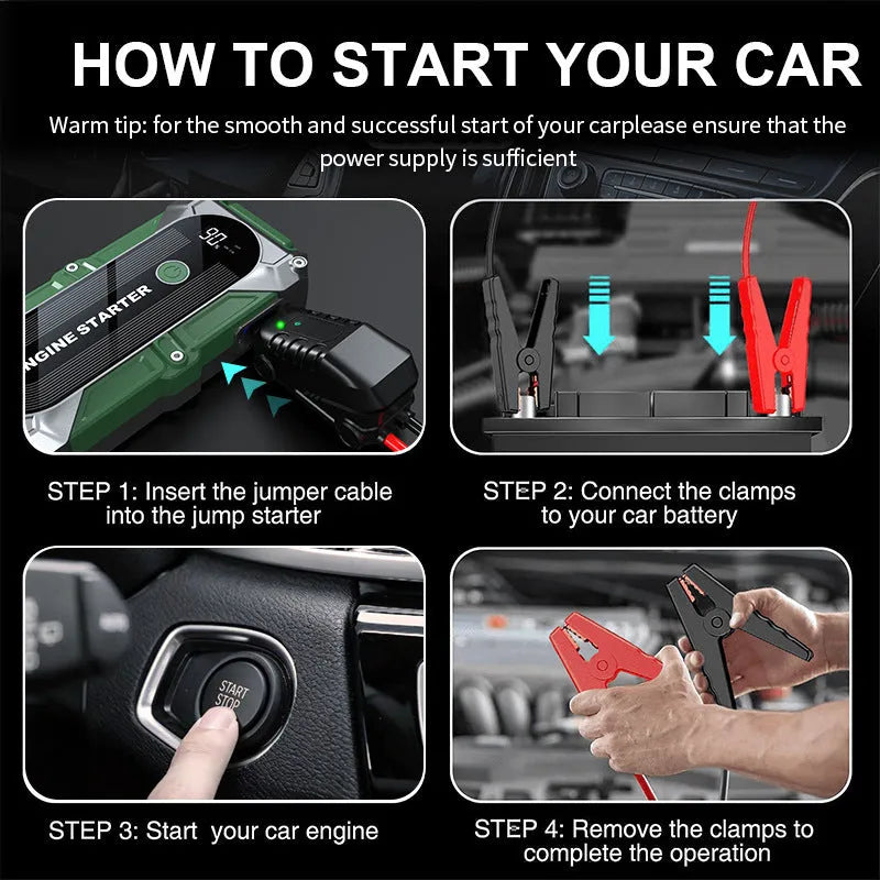 Q1 portable car jump starter with digital display and ordinary clip jumper in storage bag