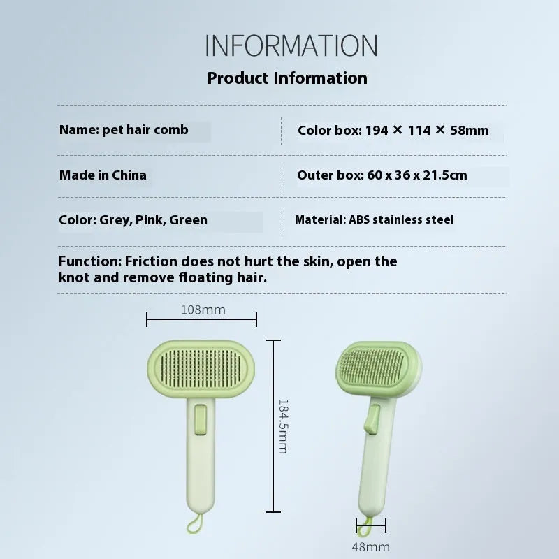 Large pet grooming comb with one-click knot untying function in light grey, green, and pink colours