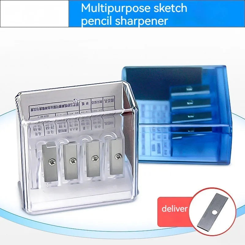 Geometric plastic pencil sharpener with four holes and included screwdriver tool on white background.