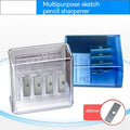 Geometric plastic pencil sharpener with four holes and included screwdriver tool on white background.