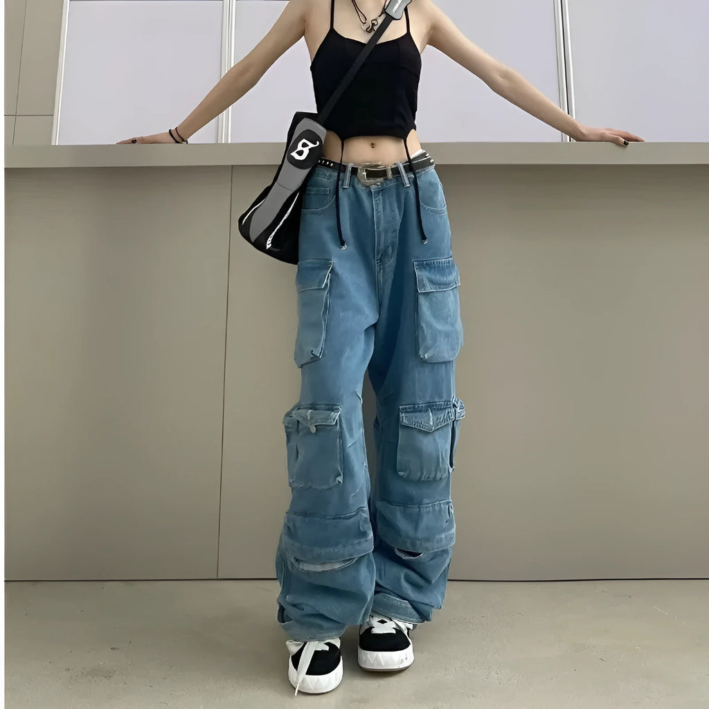Blue tie-dye women's high waist wide leg denim trousers with multiple pockets on a mannequin.
