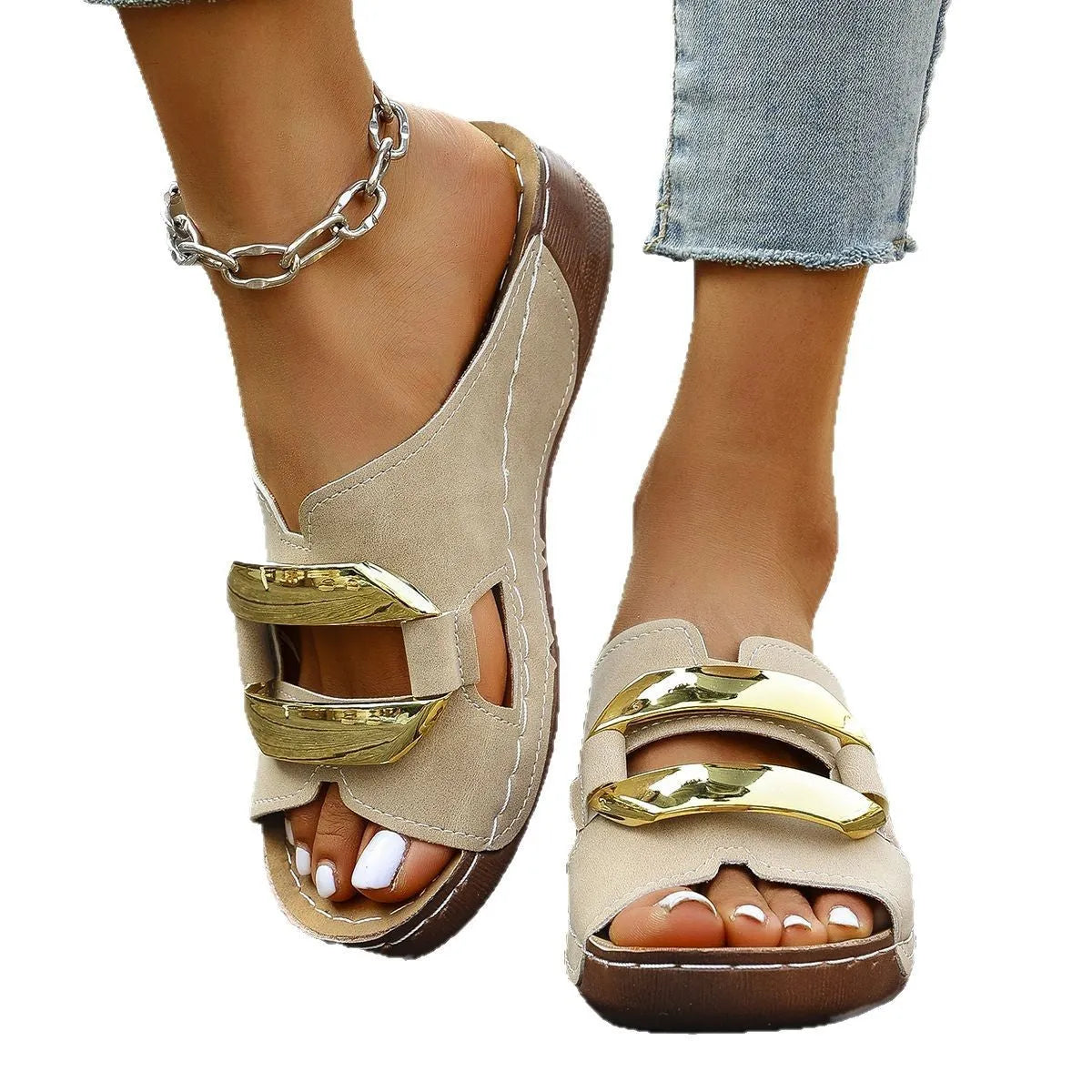 Roman style platform flip-flop sandals in a solid colour with a flat rubber sole