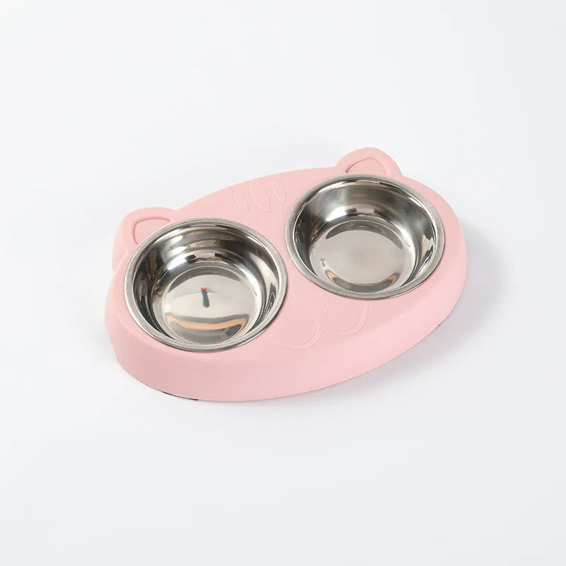 Blue plastic pet feeder tray with two raised bowls for cat or small dog food and water