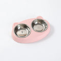 Blue plastic pet feeder tray with two raised bowls for cat or small dog food and water