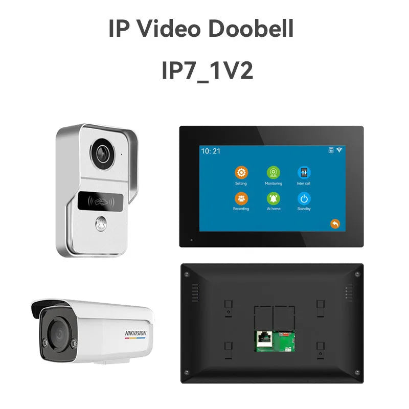10-inch display and outdoor unit of a wired 1080P video intercom doorbell system with installation tools.
