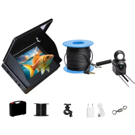 Fish finder underwater camera with 4.3-inch screen, showing wide-angle underwater view with night vision lights illuminated.