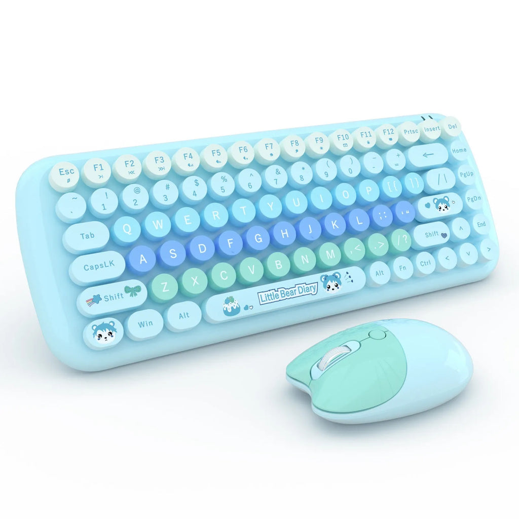 Pink mini wireless keyboard and mouse set with cartoon design on 43.5 cm compact keyboard