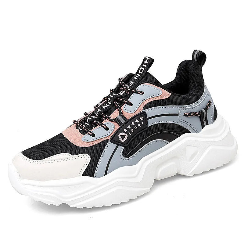 Women's white and black casual mesh sports shoes with a thick PU sole and buckle.